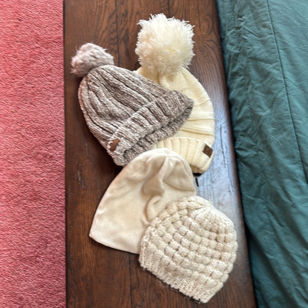 4 cream white gray beanie Pom Pom slouchy winter hats